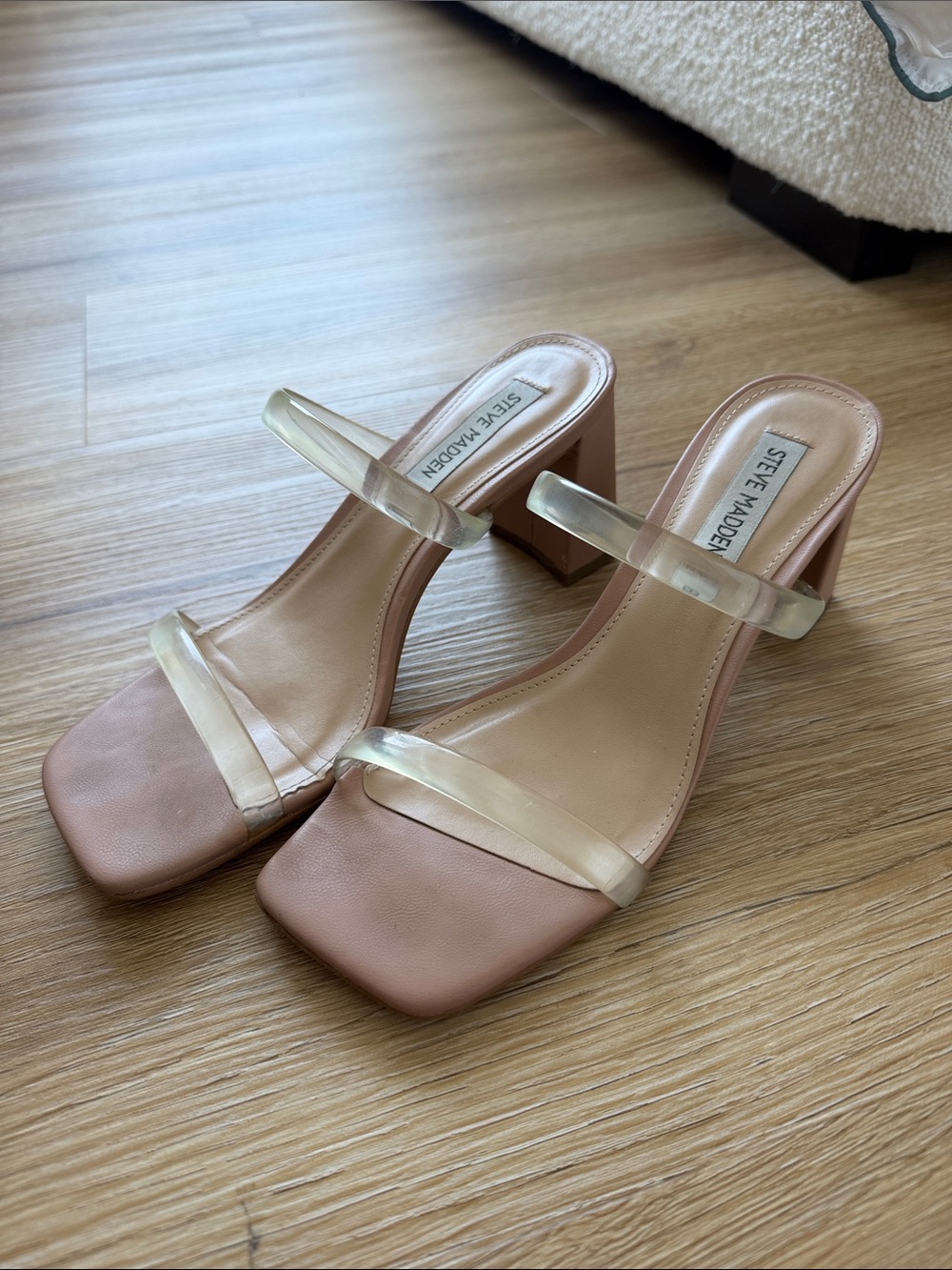 Steve Madden Lilah Nude Block Heel Sandals with Clear Straps